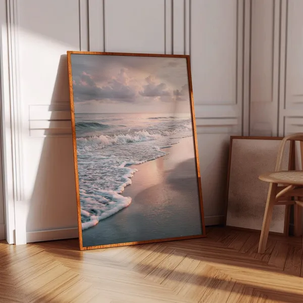Pastel Ocean Shoreline Art Print, Soft Sunset Beach