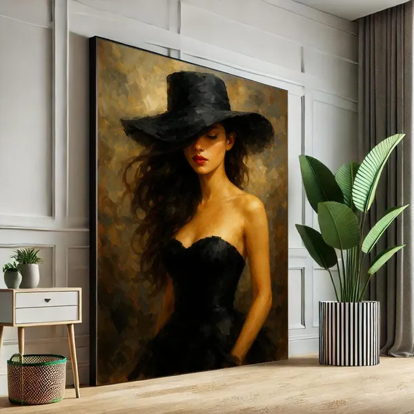 Elegant Woman In Black Hat, Modern Portrait Print