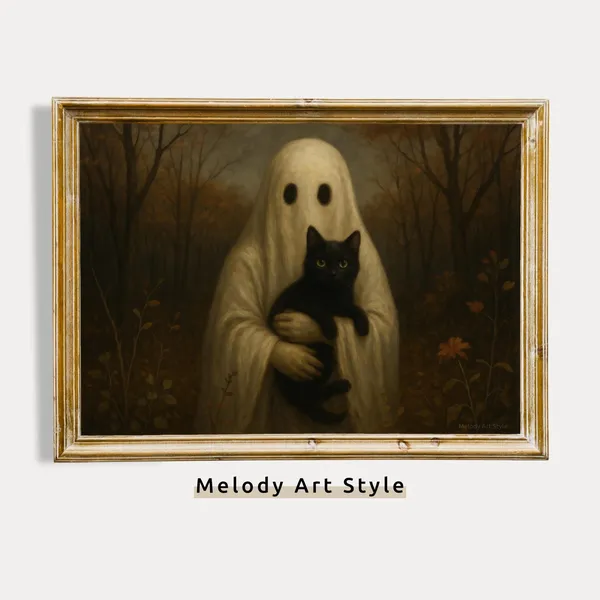 Holding Black Cat Halloween Art Print, Dark Academia