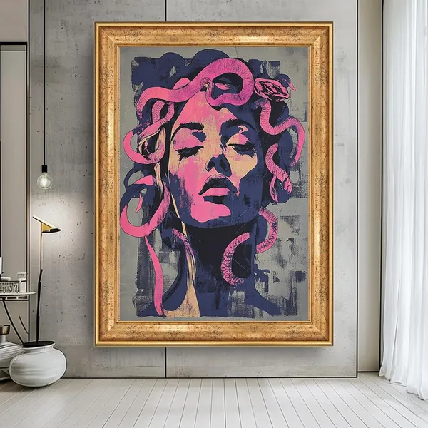 Medusa Pop Art Poster, Bold Pink Purple Portrait