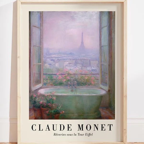 Monet Paris Bathroom Wall Art Print, Pastel Floral Decor