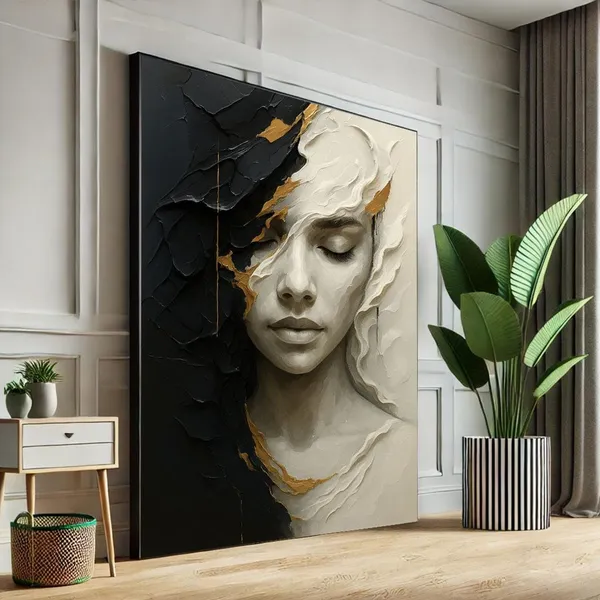 Modern Abstract Woman Portrait Art Print, Black Gold