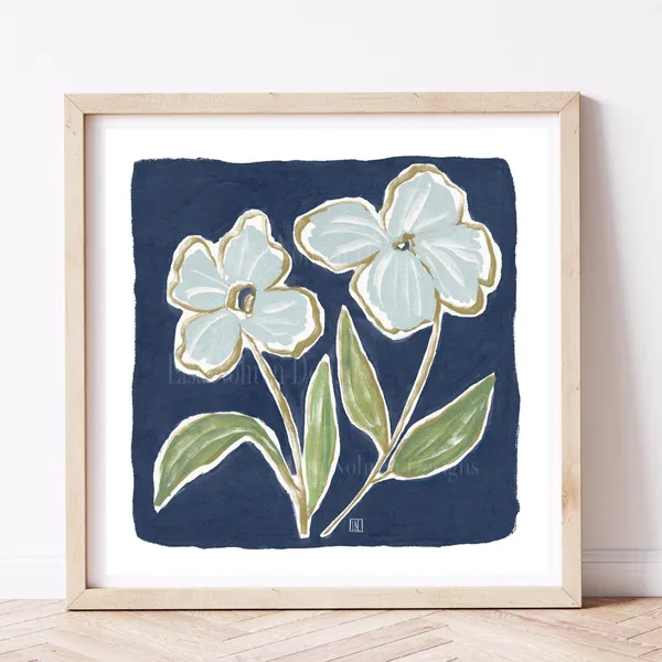 Navy Blue Abstract Floral Print, Modern Botanical