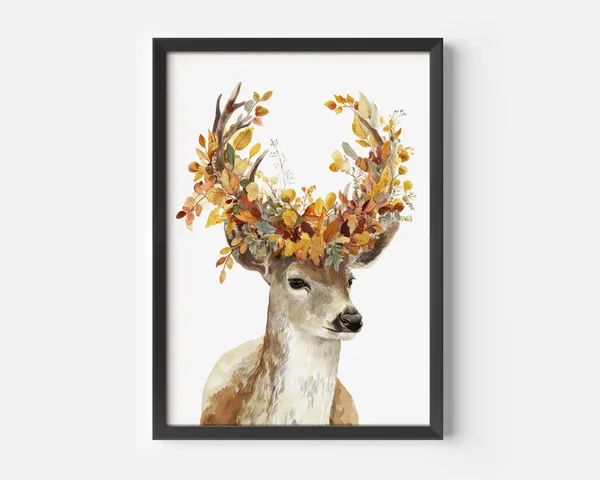 Autumn Deer Botanical Watercolor Art Print