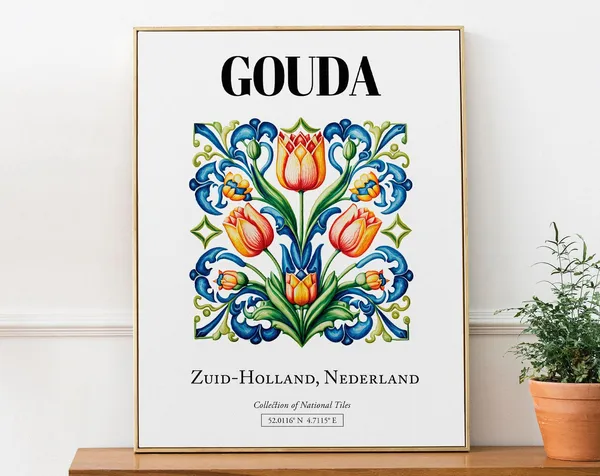 Gouda Netherlands Folk Tile Pattern With Tulips Art Print