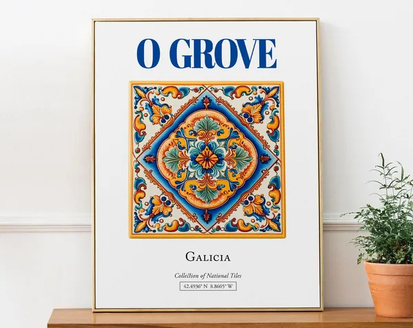 O Grove Galicia Spain Folk Tile Travel Poster