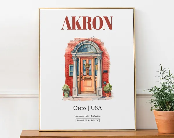Akron Ohio USA Minimalist Watercolor Door Art Print