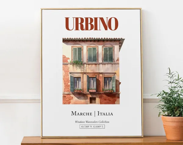 Urbino Marche Italia Travel Poster, Watercolor Illustration