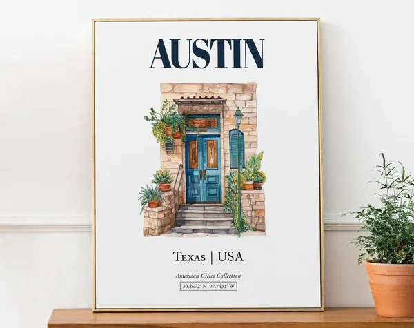 Austin Texas USA Minimalist Watercolor Door Art Print