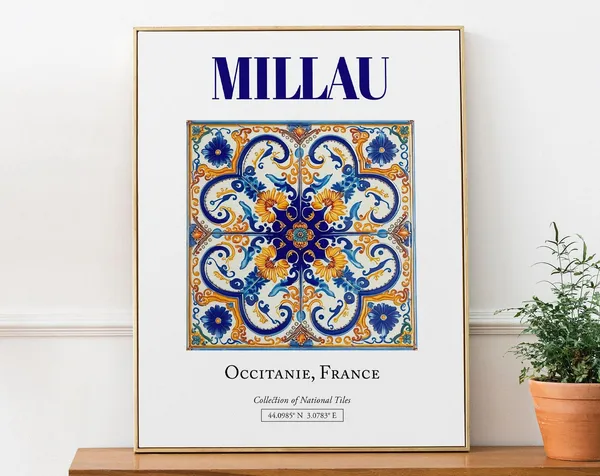 Millau Occitanie France Folk Traditional Tile Travel Poster