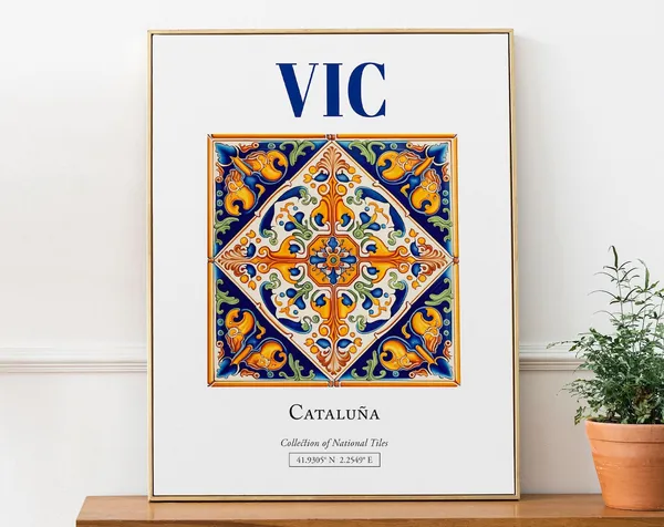 Vic, Catalonia Spain Folk Tile Wall Art Print