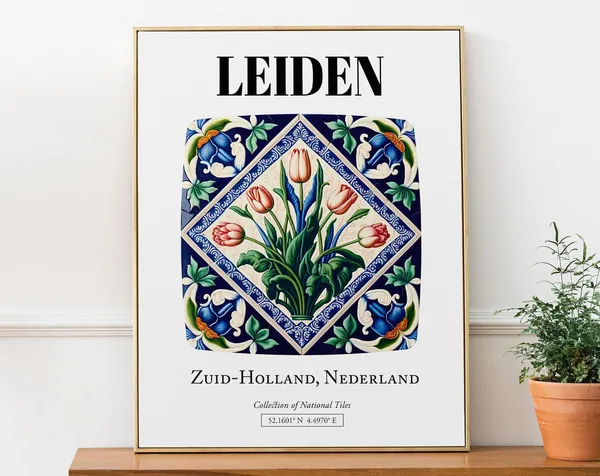 Leiden Netherlands Folk Tile Pattern With Tulips Art Print
