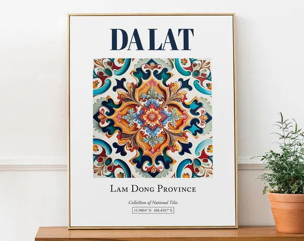 Da Lat Vietnam Folk Tile Travel Poster, Bathroom Art