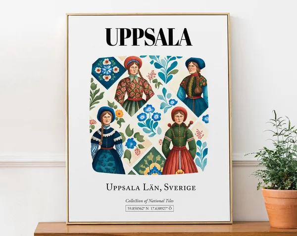 Uppsala Sweden Sverige Tile Pattern Folk Costumes Travel Poster