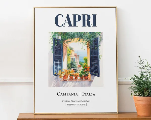 Capri Campania Italia Travel Poster, Watercolor Illustration