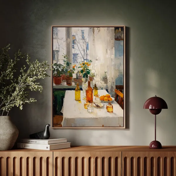 Sunlit Kitchen Table Still Life, Vintage Oil Painting Print