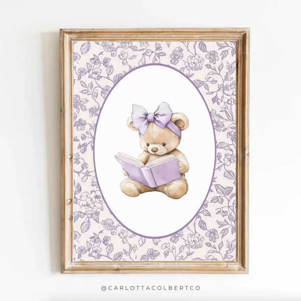 Lavender Nursery Floral Bear Poster, Grandmillennial Style