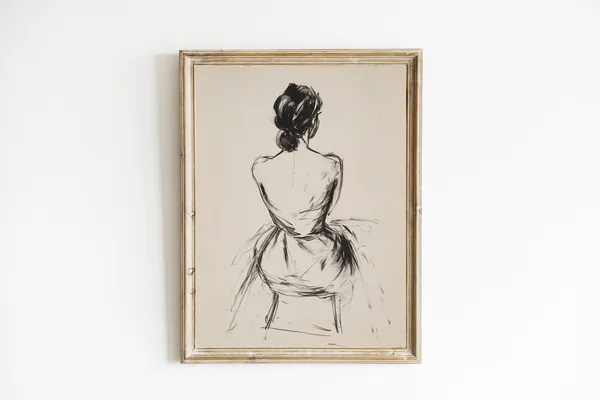 Charcoal Sketch Woman Line Drawing, Neutral Farmhouse Art
