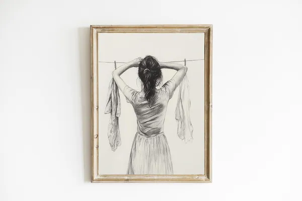 Vintage Drawing Of Woman Hanging Laundry, Farmhouse Art Print