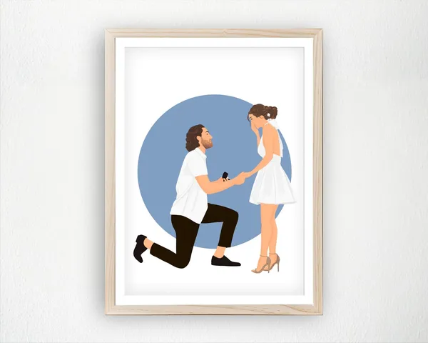 Custom Engagement Portrait Proposal Illustration, Couple Gift