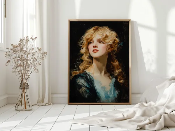 Elegant Blonde Woman Portrait, Vintage Oil Painting