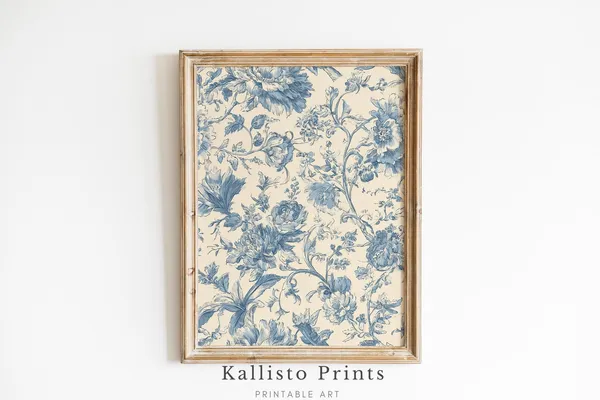 Blue Toile Floral Art Print, French Country Botanical