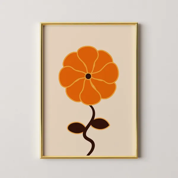 Orange Flower Print, 70s Retro Botanical Poster