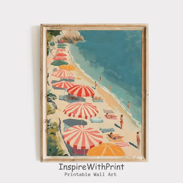 Summer Retro Beach Seascape Vintage Umbrella Art Print