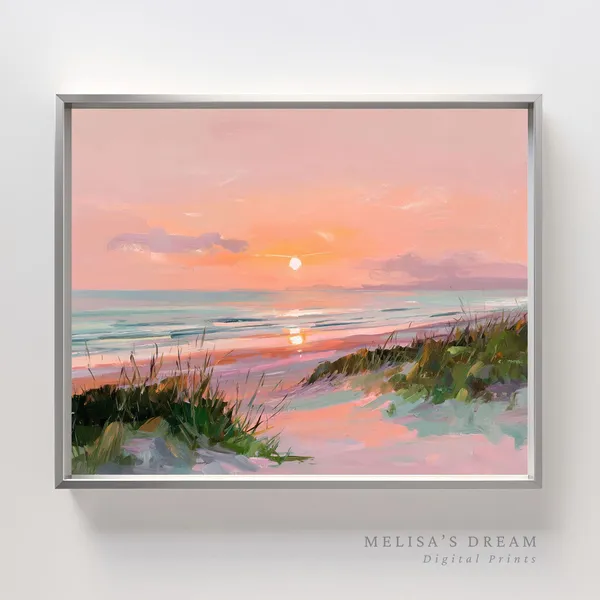 Beach Sunset Art Print, Pastel Coastal Landscape
