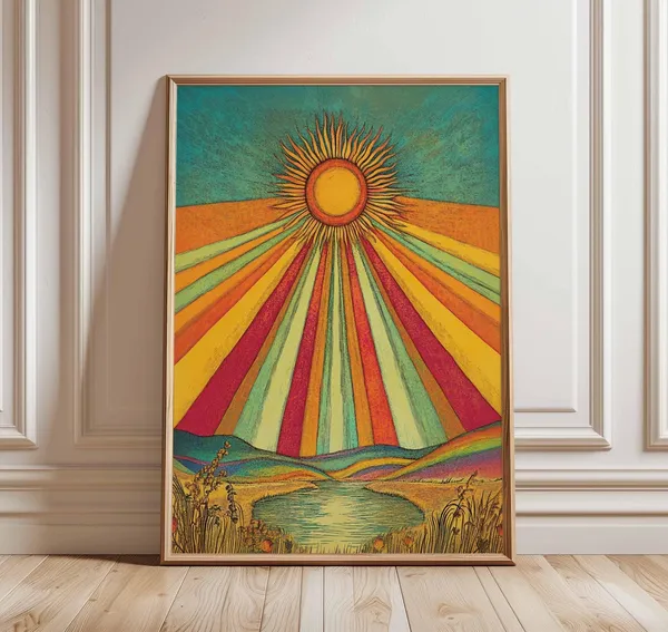 Psychedelic Sun Retro Rainbow Landscape Art Print