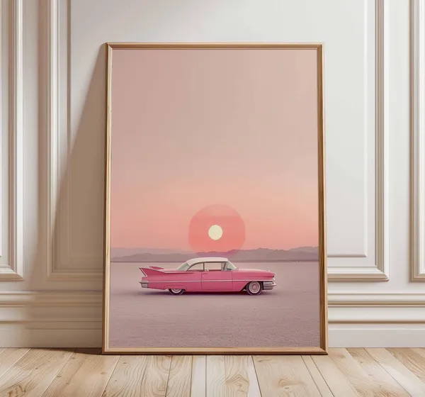 Pink Cadillac Poster, Vintage Auto Desert Sunset