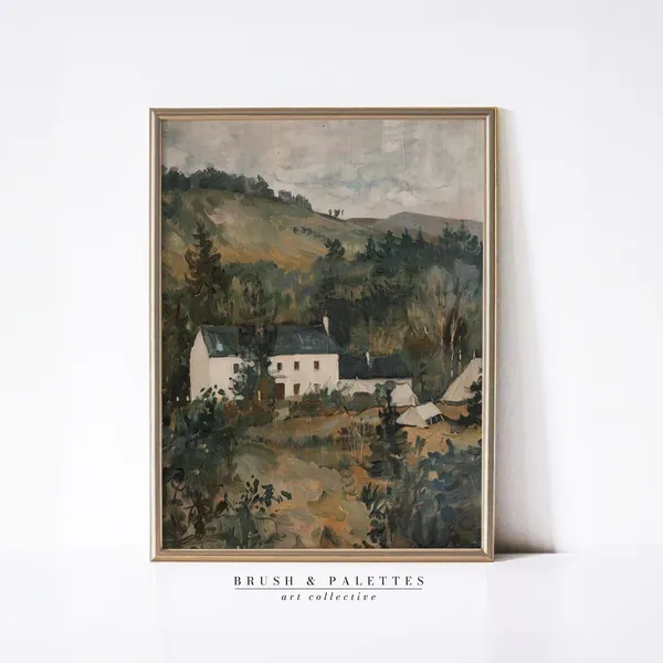 Countryside White Cottage Vintage Farmhouse Art Print
