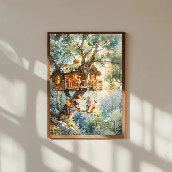 Whimsical Treehouse Watercolor Art Print, Nursery Decor