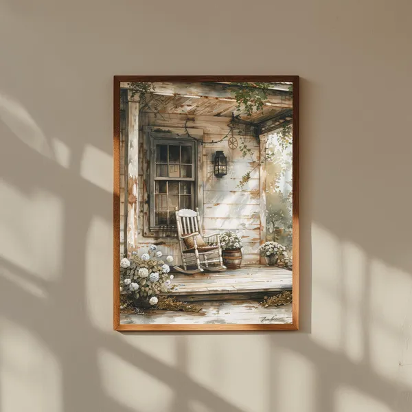 Farmhouse Porch Rocking Chair Flower Pot Art Print