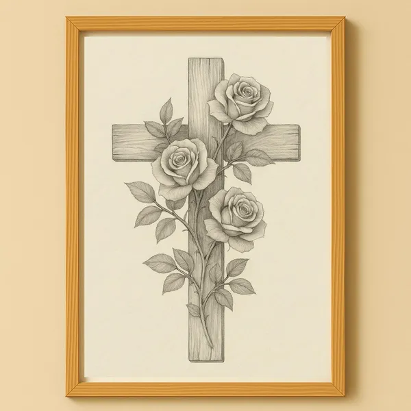 Cross With Roses Pencil Drawing Memorial Poster