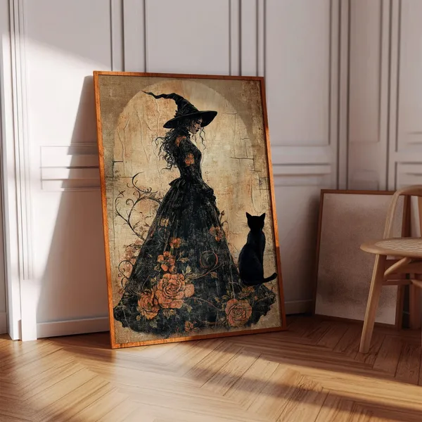 Vintage Witch With Black Cat, Gothic Halloween Poster