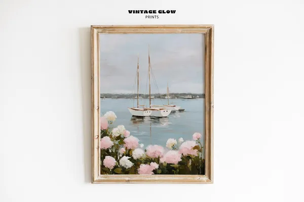 Sailboats Hydrangeas Coastal Nautical Art Print