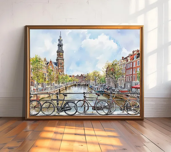Amsterdam Watercolor Cityscape, Netherlands Travel Poster