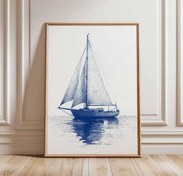 Blue Sailboat Minimalist Ocean Art Print, Coastal