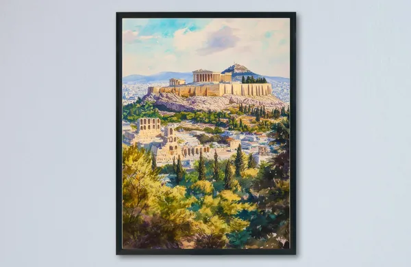 Athens Watercolor Travel Poster, Greece Cityscape