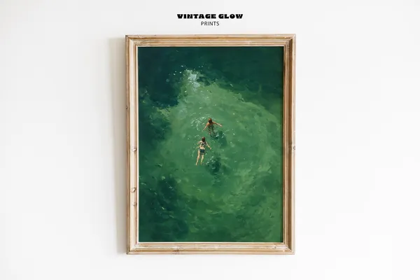 Swimming In Green Abstract Vintage Retro Art Print
