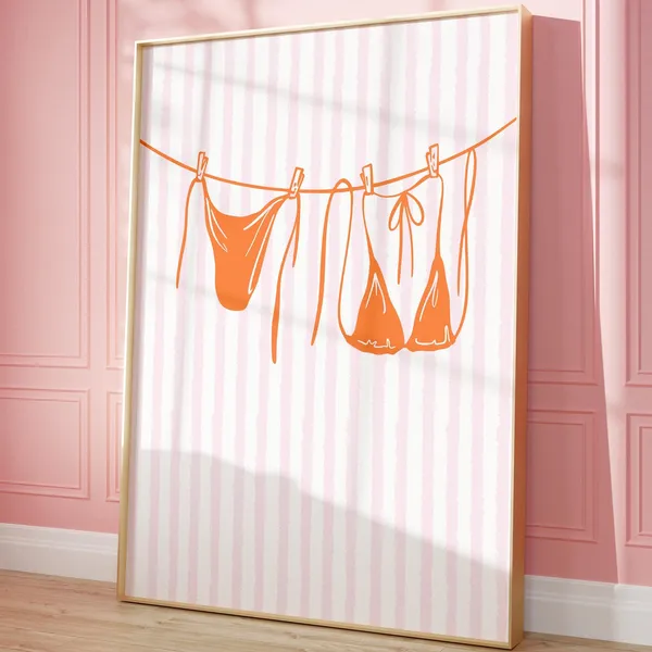 Orange Pink Bikini Clothesline Art Print, Coastal Dorm Decor