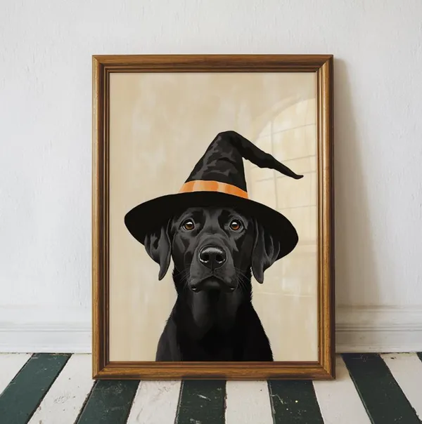 Halloween Black Labrador Witch Hat Art Print