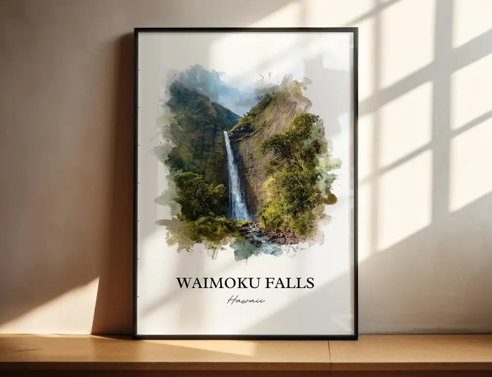 Waimoku Falls Watercolor Travel Poster, Maui
