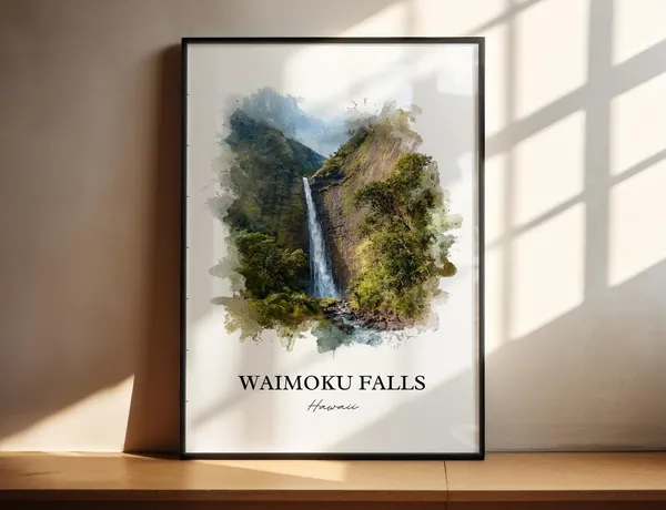 Waimoku Falls Watercolor Travel Poster, Maui