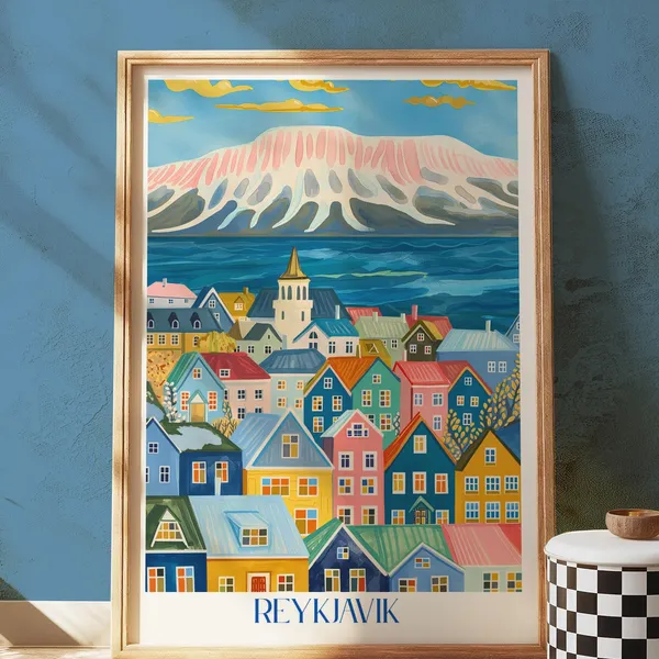 Reykjavik Iceland Travel Poster, Nordic Coastal Landscape
