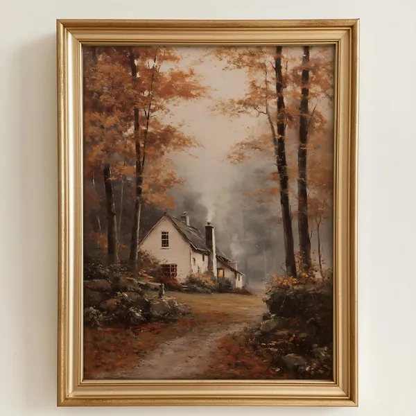Autumn Cottage In The Woods Art Print, Rustic Fall