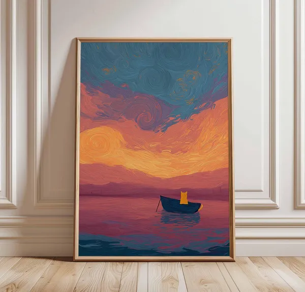 Starry Sunset Boat Poster, Van Gogh Inspired Cat Print