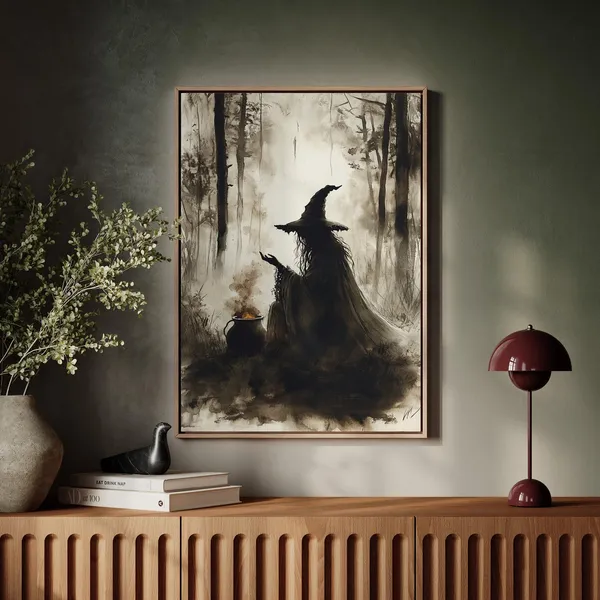 Witch in the Woods Watercolor Halloween Art Print