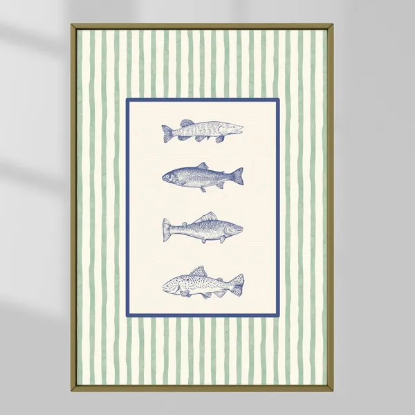 Vintage Fish Art Print, Blue Botanical Coastal Decor